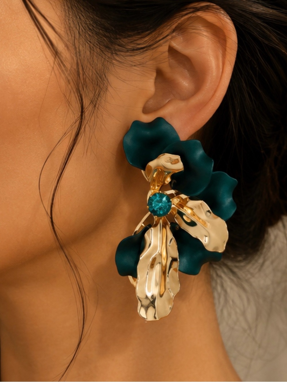 Anthropologie Teal and Gold Floral Drop Earrings